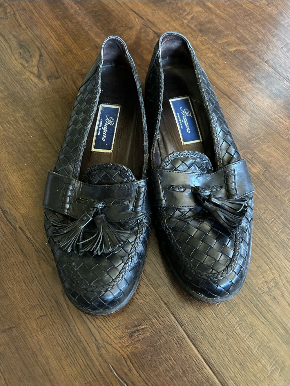 Vintage Bragano Black Woven Leather Tassel Loafers
